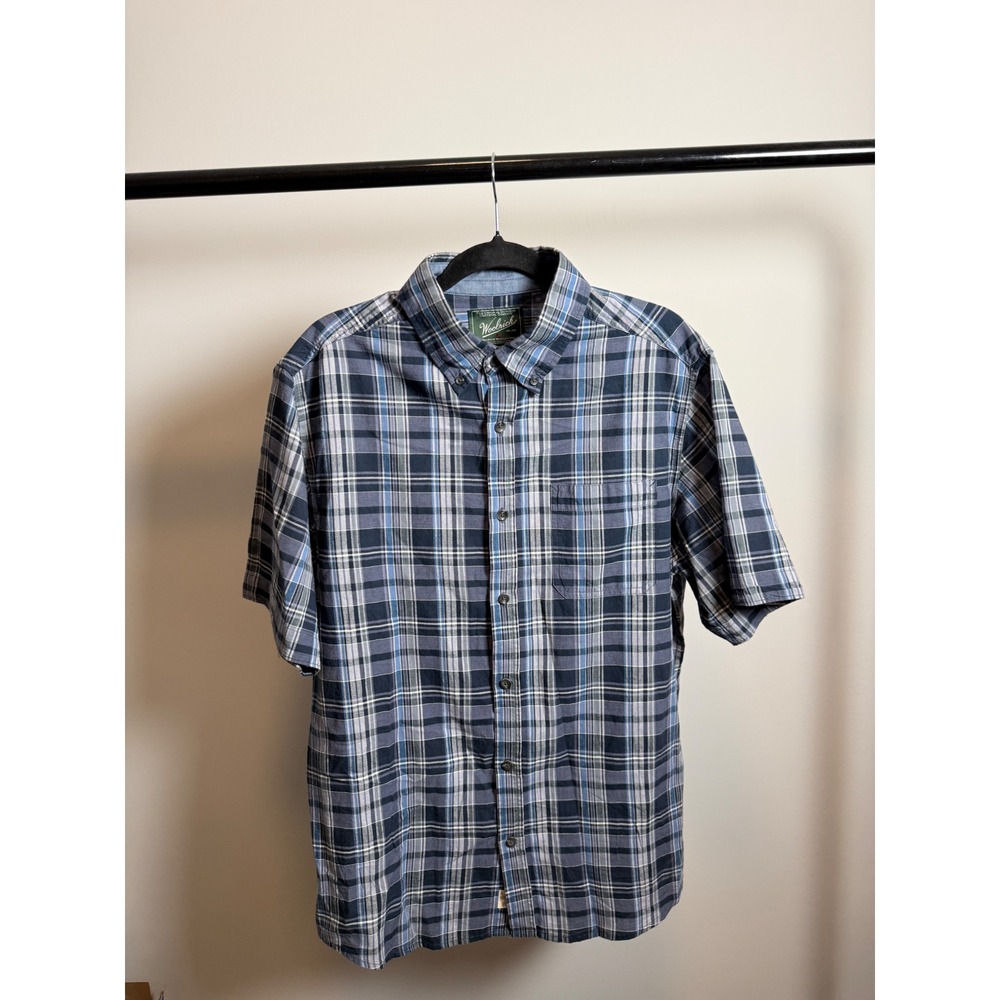 Woolrich Mens Blue Grey Plaid Organic Cotton Short Sleeve Button Down Shirt L